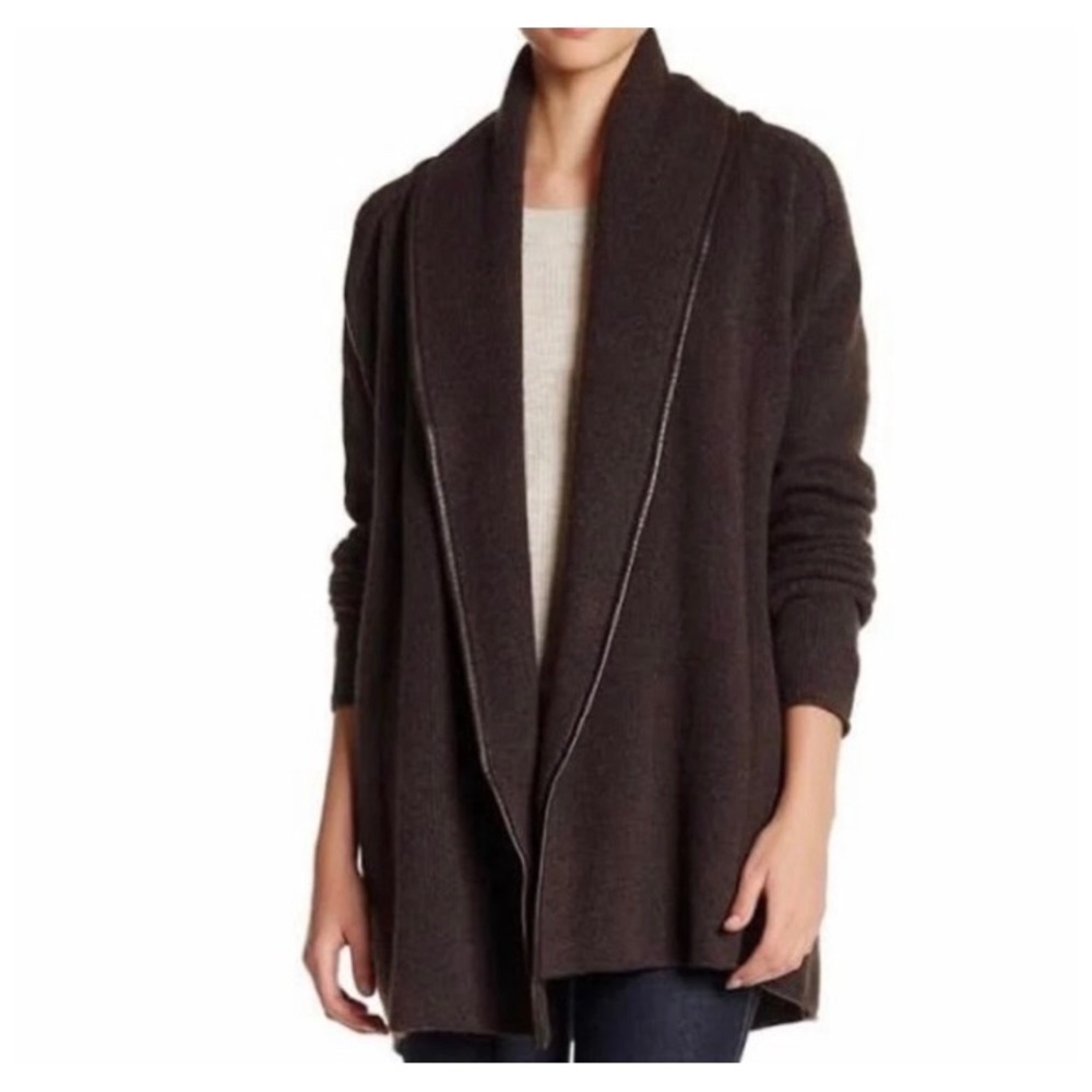 Vince Yak Wool Blend Leather Trim Shawl Collar Open Cardigan Brown Large